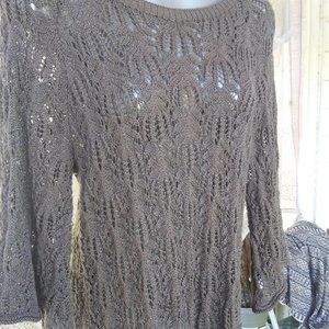 Willi Smith Womens Sweater Top Loose Knit Crochet Brown Taupe Bell Sleeve Size M